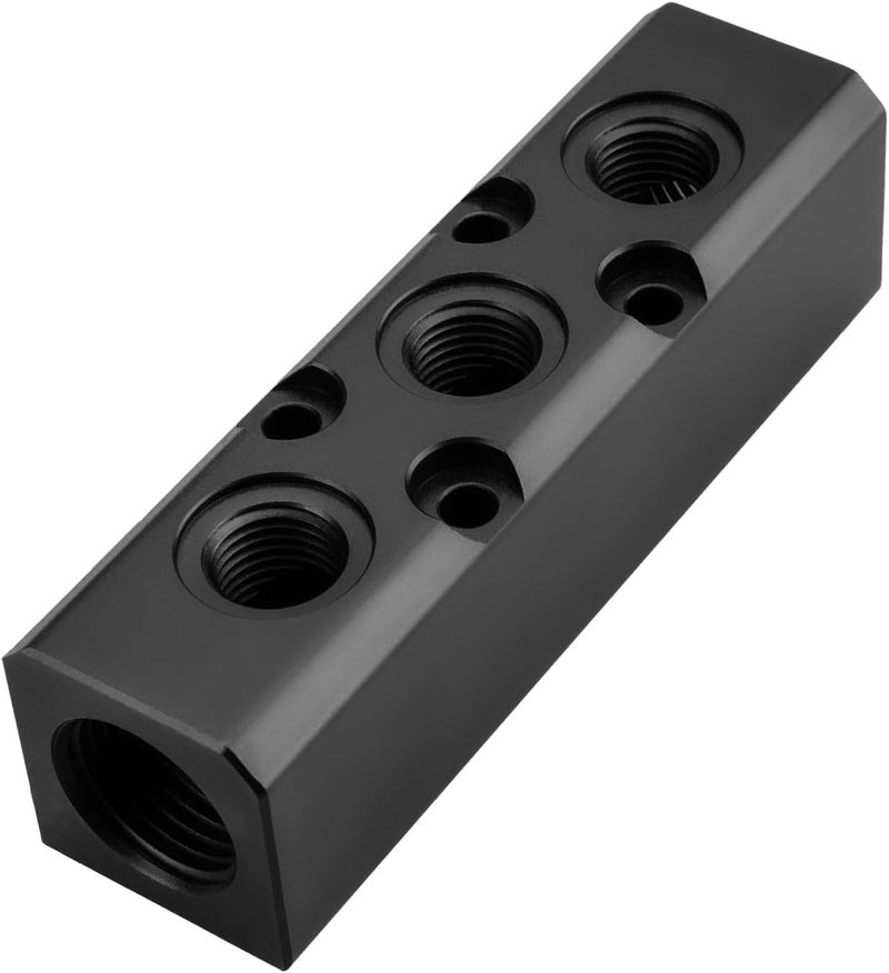 MARSTEK Air Manifold, 3 Way 5 Port Air Compressor Manifold, Air Hose Inline Manifold Block Splitter, Pneumatic Manifold Air Distribution Block, NPT 1/2 Inch Supply Port, NPT 1/4 Inch Output Port(BLACK) - Image 1